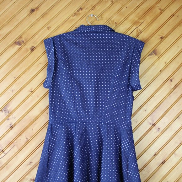Annie 50 Cotton Dress Button Down Fit and Flare XS Navy Blue White Polka Dot D93 - Picture 6 of 12